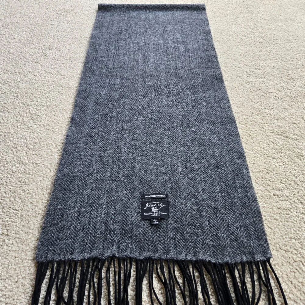 Gilded Age 100% Merino Wool Herringbone Grey Black Fringe Scarf